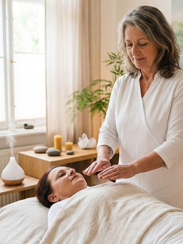 Reiki-Behandlung einer Patientin auf der Liege