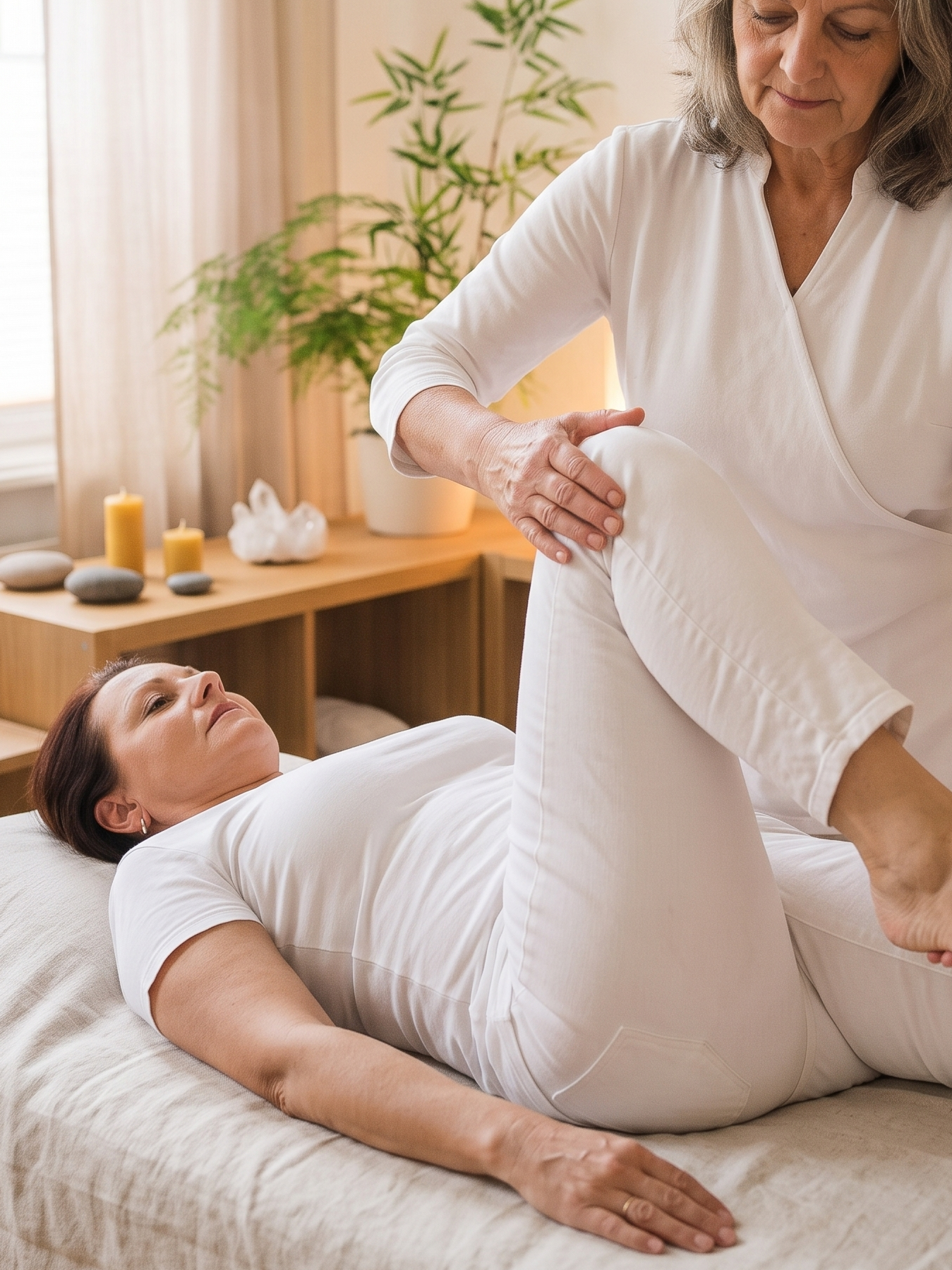 PNF-Therapie  am Bein und Knie einer Patientin